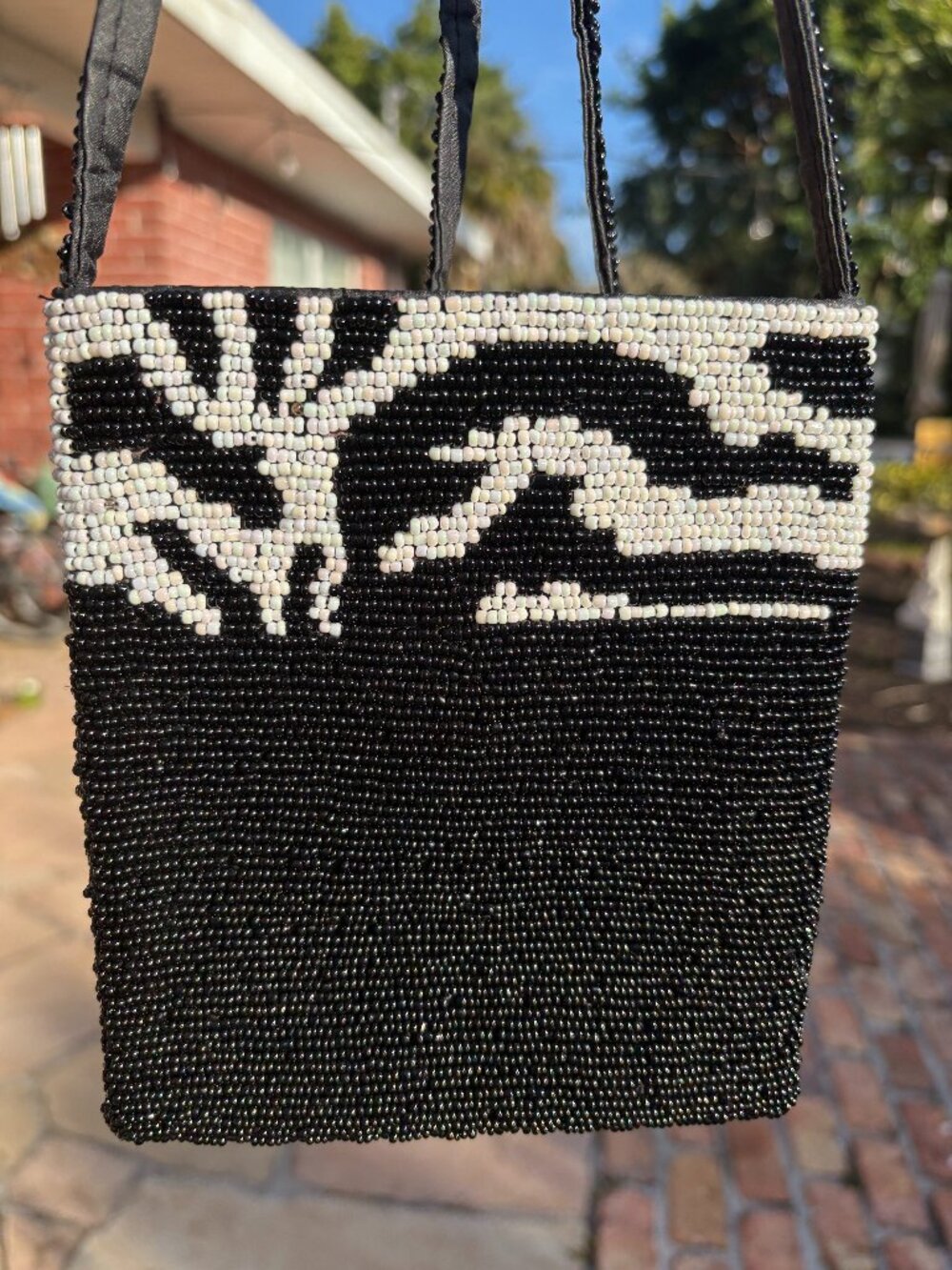 Hand-Beaded Mini Bag – Black & White Graphic Design – 90s Boho Shoulder Purse -